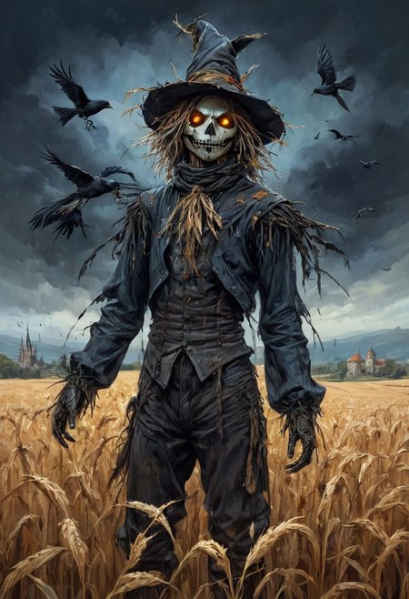 highly detailed linework reminiscent of Carne Griffiths, (scarecrow:1.7), (crows:1.4), imbued with Wadim Kashim's bold color and texture, light and airy as Carl Larsson's compositions, dark background, dark, evil, castle, fire, featuring Pascal Blanche-style hyper realistic characters, pastel, elegance, dramatic lighting, expressive camera angle, matte, concept art, corn field