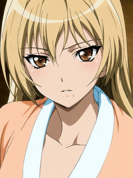masterpiece,high score,great score,absurdres,solo,anime coloring,looking at viewer,portrait,<lora:RikoIchinose hassakuill30:1> rikoichinose, blonde hair, long hair, brown eyes, mole under mouth,pajamas,