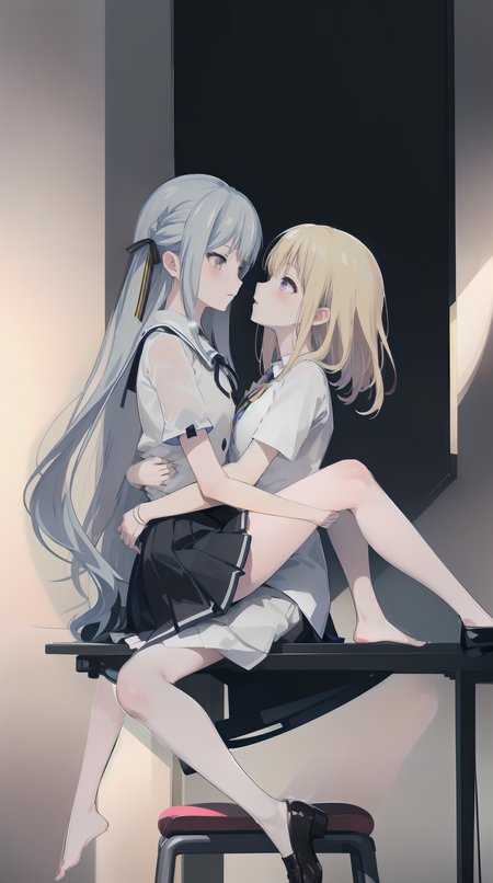 best quality,masterpiece,absurdres,two female,
upright straddle,
looking at another,bare legs,yuri,PIXIV,white background,
(blush:1.2),embarrass,shy,
ADDCOMM,
<lora:char-mygo_ä¸°å·ç¥¥å­togawa_sakiko_bangdreamitsmygo:0.7:lbw=1,0,0,0,0,0,0,0,1,1,1,1,0,0,0,0,0>,(hair_ribbon:1.1),togawa_sakiko_bangdreamitsmygo,äºº-mygo-mygo_ä¸°å·ç¥¥å­togawa_sakiko_bangdreamitsmygo,
yellow eyes,long_hair,ribbon,bangs,black_ribbon,sidelocks,light blue hair,black neck ribbon,sitting on another's thighs,white collared shirt,buttons,frilled shirt,miniskirt,flat chest,
ADDCOL,
<lora:char-mygoä¸è§åè¯ Misumi Uika (Bang dream! Ave Mujica):0.7:lbw=1,0,0,0,0,0,1,1,1,1,1,0,0,0,0,0,0>,
misumi uika,bright blonde hair,purple eyes,hands on another's waist,sitting on chair,
shoulder length hair,white shirt,miniskirt,black_loafers,short sleeves,flat chest,