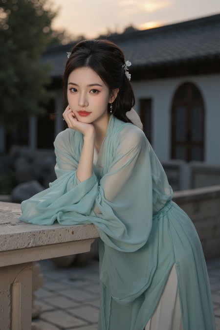 <lora:ãéº¦æ©éè¡£ãMajicflus:0.7>, qingyi, At dusk, a young woman leans lightly against a stone table, dressed in a cyan translucent hanfu. The loose-fitting outfit softly drapes over her form, with the skirt flowing just to her thighs, revealing a gentle sheen of skin. She rests her chin on one hand, gazing into the distance, her hair casually tied with a silk ribbon. The background features a traditional courtyard bathed in sunset hues.âââ
