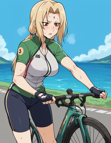 score_9, score_8_up, score_7_up, source_anime, <lora:tsunade-s2-ponyxl-lora-nochekaiser:1>, tsunade, blonde hair, yellow hair, facial mark, forehead mark, long hair, makeup, mature female, brown eyes, parted bangs, twintails, low twintails, large breasts,, <lora:cycling-uniform-ponyxl-lora-nochekaiser:1> cycling uniform, bicycle, bike jersey, bike shorts, biker clothes, fingerless gloves, gloves, road bicycle, short sleeves,, road, mountains, ocean, blue sky, clouds, bent over, parted lips, sweat, steam, blush, cowboy shot,