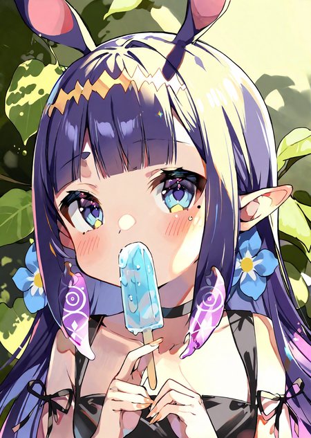 ninomae ina'nis, 1girl, virtual youtuber, popsicle, food, long hair, pointy ears, solo, sidelocks, mole under eye, bangs, purple hair, tentacle hair, multicolored hair, orange hair, gradient hair, blunt bangs, flower, mole, looking at viewer, blue flower, blue eyes, holding, very long hair, holding food, blush, eating, upper body, choker, animal ears
by  ame929