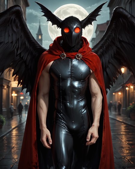 score_9, score_8_up, score_7_up, intricate details, rating_questionable,
<lora:homri52:1>
,
<lora:Mothman:0.8>, 1boy(Mothman, red eyes, black fur, wings, mouthless, looking at the viewer, solo, happy, 
red cloak, sleeveless tight bodysuit), outdoors, at night, darkness
,
highres,
detailed background, depth of field, 
<lora:ral-chrosc-clr:0.5>, ral-chrosc-clr,
<lora:Expressive_H:0.5>, Expressiveh,
<lora:xl_more_art-full_v1:0.3>,
<lora:add-detail-xl:0.3>,