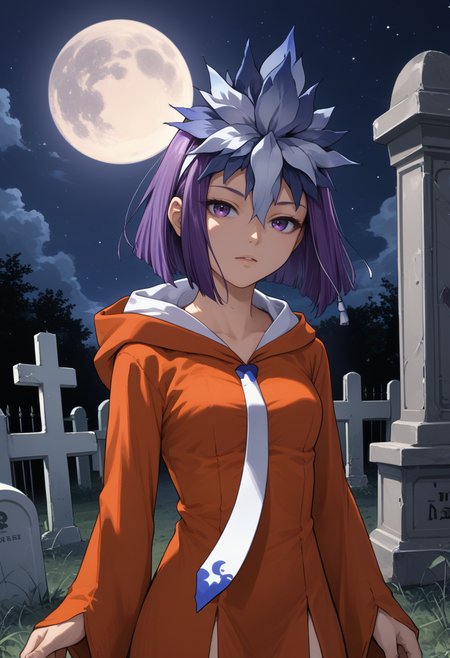 score_9, score_8_up, score_7_up, source_anime, BREAK, solo, 1girl, looking at viewer, <lora:Amane-pdxl_Fp:1>, amanedesu, purple eyes, purple hair, short hair, hair ornament, orange dress, hood, long sleeves, necktie, graveyard, night, moon,