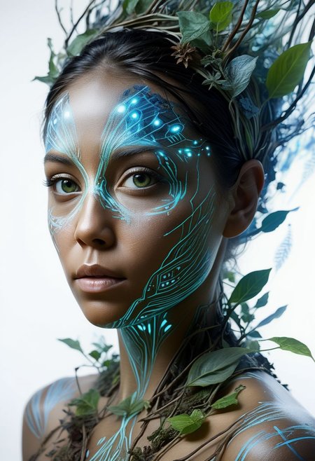 bioluminescent, mysterious face of a native woman in plant clothing, fading white background, alluring goddess, by Minjae Lee, Carne Griffiths, Emily Kell, Steve McCurry, Geoffroy Thoorens, Aaron Horkey, Jordan Grimmer, Greg Rutkowski, amazing depth, double exposure, surreal, geometric patterns, intricately detailed, bokeh,  perfect balanced, deep fine borders, artistic photorealism , smooth,  great masterwork by Suiras  <lora:add-detail-xl:2>  <lora:Double_Exposure:0.5>