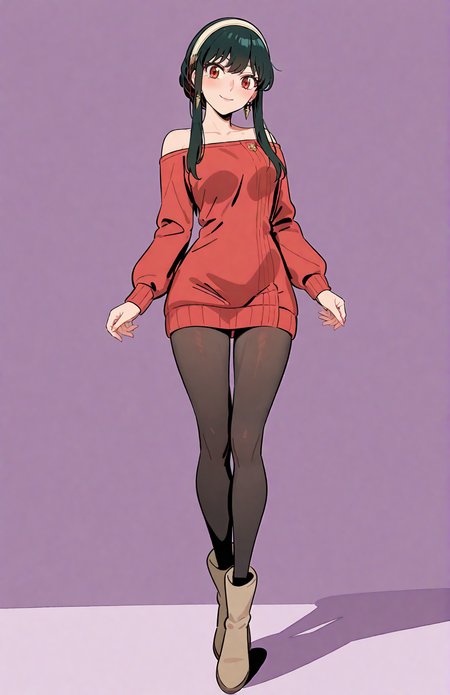 perfect quality,high quality,masterpiece,best quality,amazing quality,very aesthetic,absurdres,Cinematic Lighting,newest,Tactical use of shadow,front view,full_shot,smile,looking at viewer,
yor briar_cyql,1girl,solo,black hair,long hair,sidelocks,hairband,white hairband,red eyes,jewelry,earrings,sweater,red sweater,sweater dress,off-shoulder sweater,bare shoulders,medium breasts,breasts,pantyhose,black pantyhose,boots,ankle boots,
full body,standing,lavender background,simple background,
<lora:ponyv4_noob1_2_adamW:0.7>,<lora:spo_sdxl_10ep_4k-data_lora_webui:0.6>,<lora:USNR STYLE_XL_loha:0.45>,<lora:semham4:0.7>,<lora:yor briar_Illustrious by Cyql:1>,