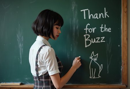 solo, ((stylish short black hair with yellow highlights and bangs)), ( Very pale ),  beautiful female teacher writing on a black board, Dark makeup, ((tight plaid very short skirt and a short tie), pin stripes freckles, classroom, blackboard background,  break; "Thank you for the Buzz" wrote on a black board, to the side also a chalk stick figure cat drawing on the blackboard,