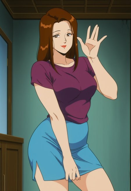 1girl,solo,mm,mature female,long hair,brown hair,brown eyes,lipstick,retro artstyle,anime coloring,
purple shirt,blue skirt,contrapposto, waving, looking at viewer, smile,indoors
,masterpiece,best quality,amazing quality,<lora:Tomoko-Dokushin_Apaato_Dokudami-sou:0.8>