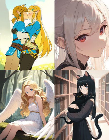 https://civitai.com/articles/8642 __ 1st image: masterpiece, best quality, 1girl, 1boy, princess zelda, the legend of zelda: breath of the wild, standing, kiss, hug, closed eyes, outdoors __ 2nd image: masterpiece, best quality, 1girl, face, portrait, looking at viewer, closed mouth __ 3rd image: masterpiece, best quality, 1girl, solo, blonde hair, wavy hair, angel, angel wings, halo, smile, sitting, forest, white dress __ 4th Image: masterpiece, best quality, 1girl, solo, long hair, black hair, blunt bangs, straight hair, round eyewear, cat girl, cat ears, cat tail, standing, hug, cat, looking at viewer, library