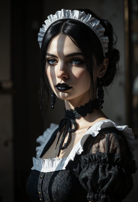 Photorealistic, photograph, front view portrait of a young goth European woman, age 18, with a delicate features, long eyelashes, black lipstick, blue eyes, black bob.
She's slim, slender, petite.
Chiaroscuro lighting. Sun light comes from the side casting sharp shadows on her face creating contrast of light hitting one side of her face
She wears a lace Jed-frmd balck and white maid dress and white frilled headgear.
Seductive, passionate, elegant expression. 
The background a victorian gothic room.
aidmaMJ6.1, in the style of Jed-clrfl