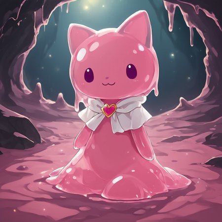 In a cave showing light above,sl1m3d,slime-morph,Mymelomade out of slime, anthro, 1female,hooded capelet, pink ears,solo,smile at you on a cute way,beautiful,high-quality,