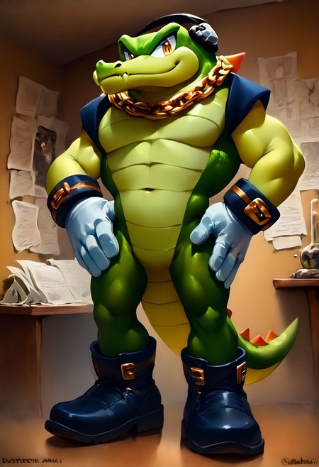 score_9, score_8_up, score_7_up, (best quality:1.1), (((ultra-detailed))), (((high resolution))), (((8k))), male, source_furry, male, solo, Vector the crocodile, headphones, gold chain necklace, white gloves, black boots,, green skin, scalie, crocodile, featureless crotch, looking at viewer, (standing, dynamic, pose, hand on hip), smiling mouth, closed mouth, 
BREAK
detective room, desktop, board, paper news, day, detailed background, interior view, by Akami Mirai