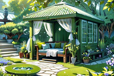 highly insanely detailed, masterpiece, top quality, best quality, highres, 4k, 8k, RAW photo, (very aesthetic, beautiful and aesthetic),  
(code_style,codestyle),english text,(sympattern,geometric pattern), 
<lora:CodeStyle (half generic class)_564920:0.8>, 
(1girl:1.3), 1other, 
Garden Pavilion,Tranquil space with a bubbling fountain at its center,lush greenery winding along trellises,mosaic tiles creating intricate patterns on the ground,woven wicker furniture with plush cushions,and the sweet scent of blooming flowers,(pure green background,transparent background:1.2),âââ