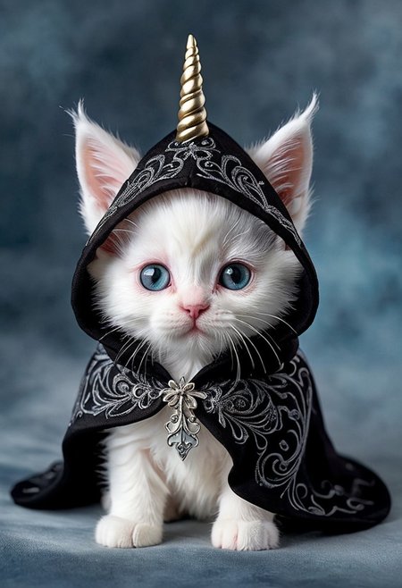 Let's delve into the realm of dark whimsy with a unique creation—a unicorn kitten draped in an eerie reaper costume. Imagine a tiny, fluffy kitten with a shimmering white coat, delicate pastel-colored horn protruding from its forehead, and bright, curious eyes peering out from beneath a hooded reaper cloak. The cloak, a deep, midnight black, billows around the kitten, its fabric adorned with intricate, ghostly patterns that glimmer in the dim light. The kitten's tiny paws extend from the cloak, each one tipped with tiny, gleaming claws that reflect a faint, ethereal glow. A sense of mystery and intrigue surrounds this tiny creature as it gazes up at you with a mix of innocence and otherworldly wisdom, a juxtaposition of the adorable and the eerie blending seamlessly in this captivating portrayal.