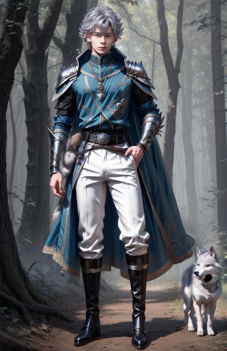 8k, wolf prince,   ((masterpiece)).((best quality:1.2)),  sharp focus, full body, head to toe, 1 young man, 22 years old, youthful appearance, male focus, dynamic pose,  silver colored hair, curly hair, EYESHD,  small testicle bulge, Nora outfit fur accents, Nora outfit bead necklaces, Nora outfit pants, Nora outfit hip quiver, Nora outfit leg guards, Nora outfit arm braces, Nora outfit belt with pouches, and Nora outfit fur boots,   defined body, thin waist, looking at camera, armor, he has a pet wolf,  detailed background a wooded clearing, a pet wolf standing nest to him,(absurdres) , <lora:more_details:0.5>, <lora:wrenchftmfshn>,<lora:add-detailxl:0.8>, <lora:Eyes_High_Definition-000007>, , <lora:lightup_brightness_v200:1>, <lora:Nora:1>