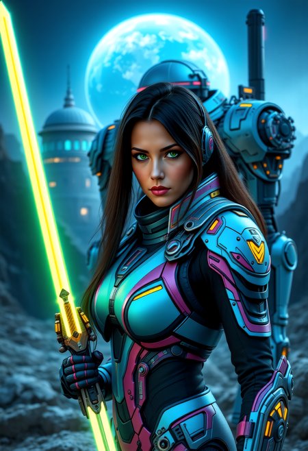 a futuristic lunar colony overlooking Earth, a fierce warrior stands ready for battle. Her medium build, dark hair, and green eyes exude a sense of determination. Dressed in a Synth-Leather satin pink and satin baby blue power armor Tactical Suit with satin yellow highlights, a futuristic bodysuit designed for urban operation. The connects to her cybernetic enhancements. Segmented carbon-fiber panels reinforce her shoulders, chest, and forearms, providing protection without compromising style. She wields a plasma longsword.  Behind her a heavy mech with MechArmor, stands tall, its bulkiness a testament to the strength and versatility of the colony. The colony's domes, shimmering above the Earth's glow, provide a breathtaking backdrop, while the grey lunar landscape and mining rigs add a sense of isolation. This scene, with its off-center composition and extreme close-up on Rina's facial details, captures the essence of a futuristic warrior, showing the fusion of technology and the mysteries of the lunar colony.     <lora:scifi/fluxPunk_v11:0.8> <lora:scifi/RM MechArmor v0.9M.safetensors:0.7>,  <lora:art and styles/MysticFantasy.safetensors:1.0>,  <lora:flux/flux_realism_lora.safetensors:1.0>,