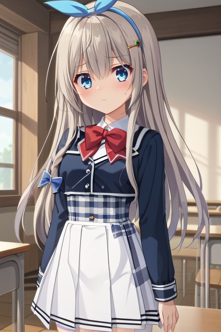 score_9, score_8_up, score_7_up, source_anime, rating_safe, intricate details, anime screencap, official style, 1girl, solo, <lora:Sagisawa_Arisu:1>, arisu, grey hair, blue eyes, long hair, blue_hair_ribbon, hairband, hairclip,  school uniform, collared shirt, blue sleeves, long sleeves, black plaid waist, red bow, white skirt, pleated skirt, thighs, white thighhighs, looking at viewer, indoor, cowboy shot, sweatdrop, embarrased