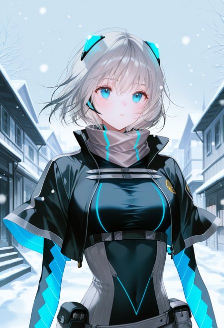 artist:gomzi,artist:wanke,artist:diyokama, rei_(sanbonzakura),[[artist:fuzichoco]],year 2023, 
1girl, solo,
icey, blue eyes, grey hair, short hair, fake animal ears,
neon trim, grey scarf, cropped jacket, black jacket, black bodysuit, blue gloves, multiple belts, short shorts, taut clothes,
upper body, snowing, town,
<lora:icey.ilxl:1>