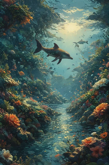 A whimsical underwater scene depicting a coral reef teeming with colorful marine life, including playful dolphins leaping through crystal-clear waters and schools of tropical fish darting among swaying sea anemones. Sunlight filters down from the surface, casting dappled patterns of light on the ocean floor. (masterpiece, award winning artwork)
many details, extreme detailed, full of details,
Wide range of colors, high Dynamic
<lora:EldritchMixIllustration_1.0:1.0>
<lora:add-detail-xl:0.89>
 <lora:xl_more_art-full_v1:0.4> 
 <lora:MJ52:0.4>