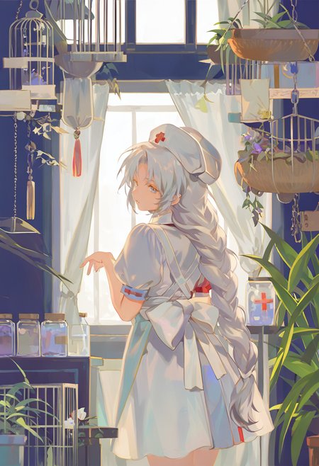 1girl, long hair, solo, nurse cap, curtains, braid, short sleeves, dress, hat, blue eyes, looking at viewer, indoors, puffy short sleeves, puffy sleeves, yagokoro eirin, white dress, from behind, window, looking back, white hair, jar, very long hair, bow, plant, white headwear, flower, chain, single braid, white bow, book, parted lips, tassel, standing, hand up, cowboy shot, back bow, braided ponytail, grey hair, nurse, box, potted plant, closed mouth, cage, apron <lora:reiXL_NB11_lokr_V6311P:0.95>