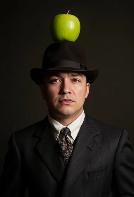 photorealistic painting of a 1920 business man with a bowler hat and a suit balancing a green apple on his head, eyes looking up, neutral facial expression, in front of a neutral dark background, detailed skin, detailed apple surface, detailed fabric on the suit, soft light<lora:hyperrealism-000103:1>