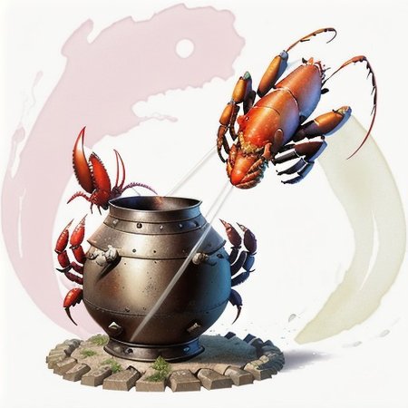 MagicItem_v1 <lora:MagicItem_v1:1> white background, 
masterpiece, professional quality, (large sealed iron barrel:1.2) with hidden catch, (giant lobster transformation:1.3), intricate levers, underwater scene, glowing eyelike fixtures, (mysterious aura:1.1), detailed textures, fantasy art, by (Frank Frazetta:1.2), dramatic lighting, high detail, vibrant colors, dynamic composition
masterpiece, professional quality