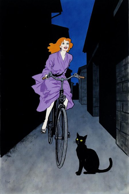 regr1 sketch 
A Japanese school girl riding a old style bicycle through a narrow, quiet street at night. The happy woman wears a simple, flowing purple dress. In the corner, a small black cat with piercing eyes sits watching her quietly. The mood is tranquil and slightly magical.
 <lora:regr2_fashion_nocap_d6a3:1.0><lora:807661882967134524:0>