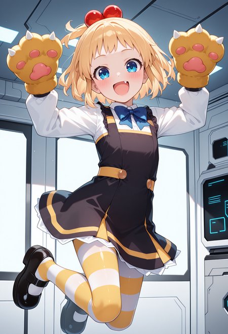 highres, best quality, masterpiece, indoors, science fiction,
1girl, solo, cgnpish, blonde hair, ponytail, short hair, blue eyes, fang,
pishsch, hair bobbles, school uniform, blue bowtie, white shirt, black dress, pinafore dress, yellow stripes, long sleeves, animal hands, paw gloves, striped pantyhose, shoes, mary janes,
looking at viewer, blush, smile, open mouth,
jumping,
 <lora:_peashy-elesico-ilxlCb:1>