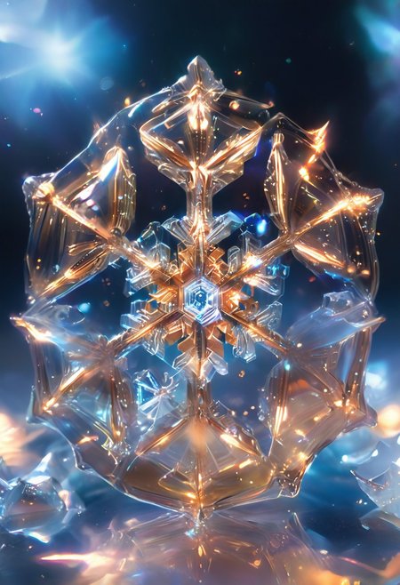 (high quality), (masterpiece), (detailed), 8K, An award-winning glowing snowflake, encased in a perfectly transparent glass bubble, floats delicately within a surreal winter setting. Its intricate, symmetrical crystalline patterns radiate a mesmerizing, golden luminosity, blending warm hues of amber, peach, and soft rose that glow softly through the glass. The bubble is adorned with delicate frost patterns along its edges, reflecting and refracting the snowflake’s warm light, casting a magical aura on its surroundings. Encased within, the snowflake sparkles with fine detail, as if suspended in time, evoking feelings of joy, serenity, and wonder, captivating all who witness this breathtaking masterpiece, glowneon, geometric, sparks, GlowingInk