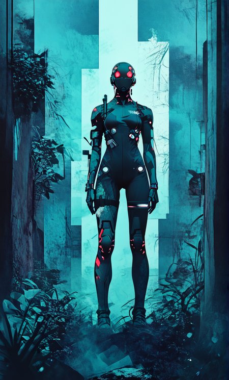 score_9, score_8_up, score_7_up, (composition has large geometric anomalies in the background with a red and white color theme), extremally detailed and hyper-realistic cyberpunk ilustration of close up of beautiful bluebot cyborg girl, hiding in jungle during brutal total war with her heavy gun in hands. orange and black robotic body suit. sci fi theme, best quality, soft light, sharp shadows, anime ink lines, full body shot, ((from below)), inspired by metal gear solid, standing with her back facing the viewer, strange mechanics tendrils moving across her body, 
<lora:comicbookpage style:0.9> <lora:g4n1m3XLP:0.4> <lora:Cyberpunk _Anime_V2_light_version-SDXL:1> <lora:Sinozick_Style_XL_Pony:0.6> <lora:100_nvcmsdx_a:2.5>
 <lora:add-detail-xl:2> zPDXL3 <lora:S1_Dramatic_Lighting_v2:0.6>