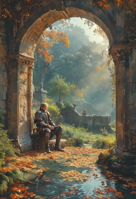 in the soft light of twilight, mystical atmosphere, dark clouds and rising mist, view at a forest clearing from within an ancient stone pavilion, through a wide archway, a grand pine tree with emerald needles casting long shadows, autumn leaves scattered around and drifting in the clearing, a crestfallen medieval knight in rustic armor sitting beneath the tree, romantic impressionism, enchanting scenery art, beautiful oil matte painting, romantic, beautiful digital painting, anime landscape
, romantic painting, droneamlike digital painting, colorful painting, thick brushstrokes characteristic, rough stroke,  beautiful gorgeous digital art, style Karol Bok, Brian Froud, Wendy Froud, Guy Davis, Sergio Sandoval