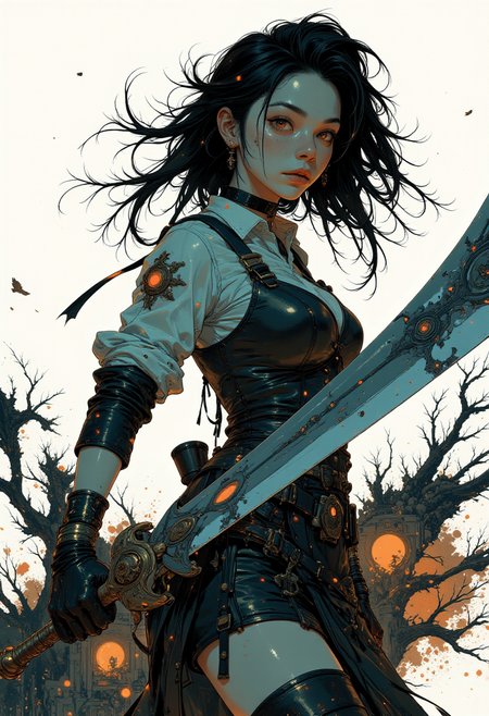 high quality, ultra detailed, colorful, fantasy, G0thicL1nes, a highly detailed, digital artwork depicting a fierce, intense female warrior, the subject is a young woman with pale skin and striking, almond-shaped eyes that gaze directly at the viewer, conveying a sense of determination and strength, her long, tousled hair is dark and slightly wet, suggesting recent battle or injury, she holds a large, ornate sword in her right hand, with the blade gleaming with a metallic sheen, and her left hand is adorned with a pair of black, fingerless gloves, her armor is detailed, with a mix of leather and metal textures, suggesting a medieval or fantasy setting, the background is a stark, white, with splashes of black and gray, enhancing the sense of chaos and intensity, the overall style is realistic with a touch of hyperrealism, capturing the texture of her skin and the sheen of the sword, the artwork is highly polished, with meticulous attention to detail in both the subject's face and the sword's blade, creating a dramatic and intense visual experience<lora:Ethereal_Brush_Anime_v1.0.safetensors:0.6:0.6> <lora:It's a LoRA for portraits, BUT! actually specialized in backgrounds. v1.0.safetensors:0.12:0.12> <lora:FluxMythG0thicL1nes.safetensors:0.6:0.6> <lora:Blue_Future.safetensors:0.9:0.9>