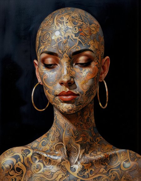 Close up portrait.
This is a highly detailed, surrealistic watercolor painting of a close-up of a person's upper torso and head. The subject is a bald woman with dark skin, adorned with intricate, tribal-style tattoos that cover her entire face and chest. The tattoos are done in a gold and black color scheme, with elaborate patterns and geometric designs that include symmetrical swirls, triangles, and abstract shapes. The woman's facial features are barely discernible due to the extensive tattooing, which extends from her forehead, around her eyes, and down to her lips. Her eyes are closed, and her expression is calm and serene. She wears large gold hoop earrings and has a slight smile, adding a subtle, serene expression to her face. The background is completely black, which contrasts sharply with the gold and black tattoos, making them stand out prominently. The lighting is soft and diffused, highlighting the smooth texture of the skin and the intricate details of the tattoos. The overall style of the artwork is contemporary and abstract, with a strong emphasis on geometric patterns and bold, contrasting colors.