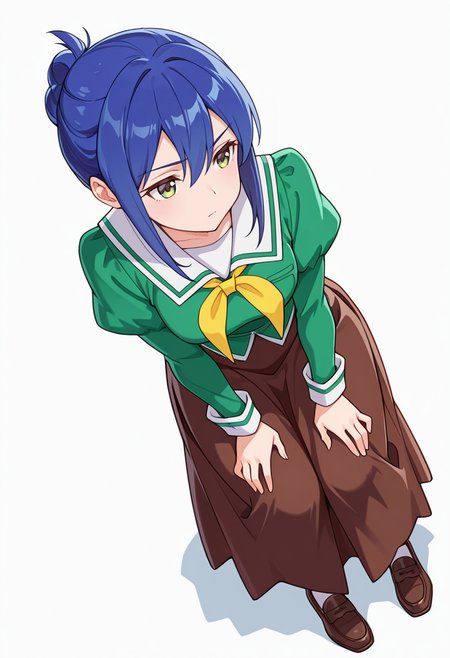 masterpiece,high quality details,
 <lora:Mamiya_Kanoko:0.8>
kanoko_cnr, 1girl, blue hair, green eyes, hair between eyes, sidelocks, single hair bun,
kanoko_s1,school uniform, green shirt,white sailor collar, serafuku, puffy sleeves, juliet sleeves, shirt,long skirt, green dress, loafers, brown skirt,, simple background, white background, dynamic angle,solo,, d:,, hands on knees,joyful expression,serious,