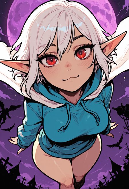 score_9, score_8_up, score_7_up, masterpiece, best quality, very aesthetic, detailed face, (dynamic:1.2), stylized, illustration, dynamic pose, (nsfw:1.2), girl, small nose, highres, absurdres,<lora:ck-shadow-circuit-IL:0.4> in the style of cksc, <lora:mon_monmon2133:0.2> <lora:Rapscallion_Illustrious:0.25> Rapscallionstyle, <lora:incoth:0.25> incoth, (incase:0.6), <lora:r17329_illu:0.35> r17329_illu, <lora:perspective:0.25> from above, perspective, (girl:1.2), (medium breasts, wide hips, white hair, red eyes, oned stomach, elf ears, :3, tomboy hair:1.2), (looking at viewer, standing, silhouette, oversized hoodie, blue hoodie, white cape, floating, sky, purple moon, big moon, flying, pleased:1.1), (warm lighting, backlight, night, high contrast:1.2)âââ