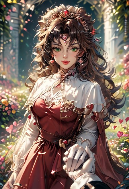 zPDXLxxx ((score_9, score_8_up, score_7_up)), masterpiece, perfect anatomy, perfect face, 1girl, solo, roguexmxl, valentinenaturestyle BREAK green eyes, lipstick, brown hair, two-tone hair, white hair, long hair, messy hair, big breasts BREAK red dress, love dress, elbow gloves, white gloves, heart choker, looking at viewer, tiara, holding hands, solo focus, pov hands, out of frame, happy, smile, closed eyes BREAK indoors, valentine decorations