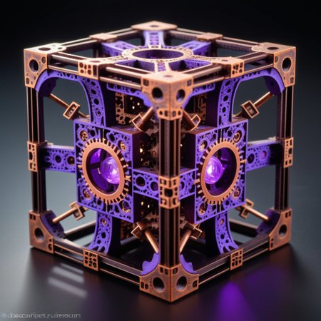 corroded cast iron termite hill cross_section menger cube,  topaz, Mandelbrot set, tesseract time machines, steel and copper wiring, dodecahedron, glowing purple gears,  spherical mechanism
