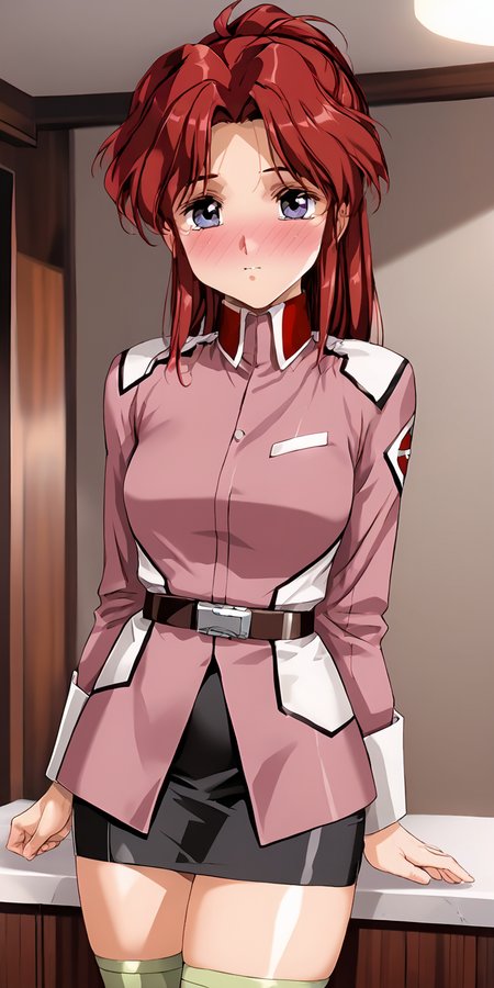 1girl,  masterpiece, highres, high quality, source_anime, rating_explicit
score_9, score_8_up, score_7_up, score_6_up,
(mature female),
BREAK
indoors, seductive smile, smile, ((blush:2)),
BREAK
BREAK
 , flay allster,long hair,red hair,ponytail,pink uniform,black skirt,miniskirt,belt,green thighhighs,<lora:Urushihara Satoshi_XL_PONY_V2:0.9:lbw=Artstylexl>,<lora:Flay_Allster:0.8>