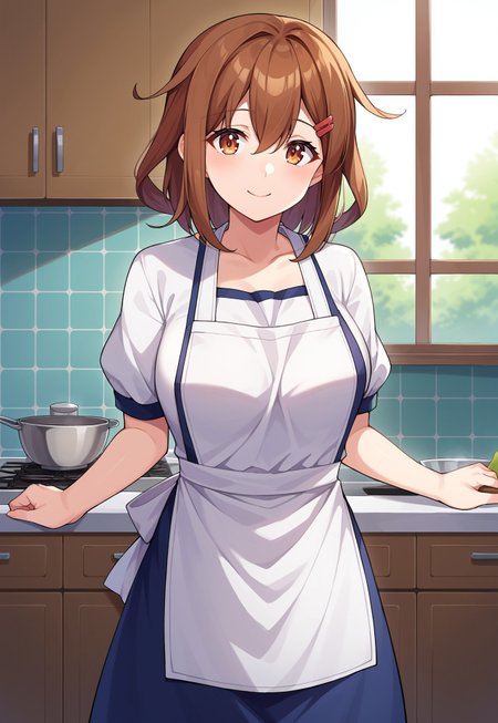score_9, score_8, score_7, source_anime, ikazuchi (kancolle), hairclip, mature female, long hair, apron, kitchen