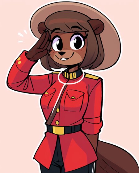 score_9_up, score_8_up, score_7_up, score_6_up, by remanedur, furry female, half-length portrait, female, beaver, furry, black eyes, brown hair, short hair, tail, hat, medium breasts, red jacket, black pants, looking at viewer, happy, smile, salute, solo, three-quarter view, simple background, white outline, <lora:Leah_Pines(AIM)_XL_v1:0.15> <lora:PDXL_artist_tags_v2_big:0.5> <lora:The-Minuscule-Task_PDXL_v1.0:0.6>  <lora:Beaver_Girl_Peargor:0.7>