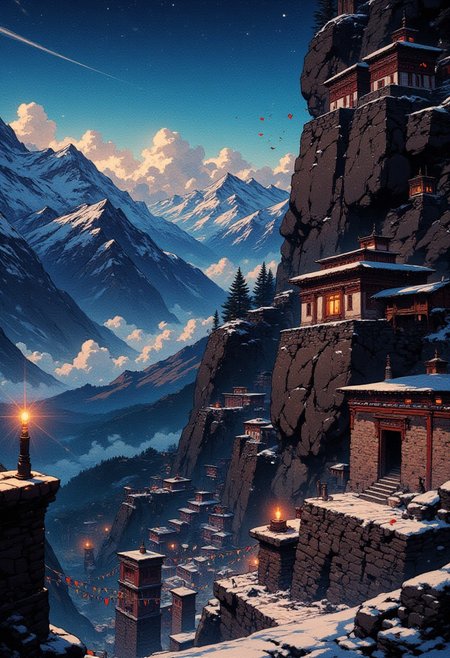 Midnight at a Himalayan Monastery
"Perched high above the clouds, the monastery clings to the mountainside, its prayer flags fluttering in the cold night wind. A single candle burns in the window of the highest chamber, its flame flickering wildly despite the still air. The stone courtyard is empty, save for a row of footprints that lead to the edge of the cliff—but do not return. The distant sound of a deep, resonant bell rolls through the valley, though no hand has struck it. The scent of incense lingers, curling through the corridors like a whisper of something waiting to be remembered."
