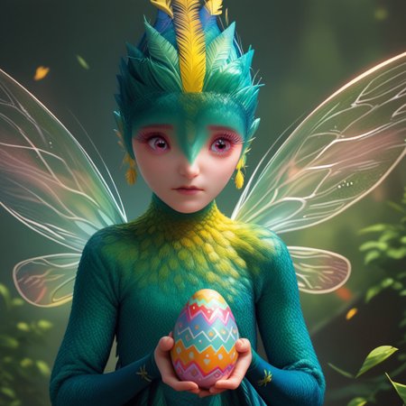 score_9, score_8_up, score_7_up, score_6_up, score_5_up, score_4_up, 1girl, to_fai, fairy, holding Easter eggs