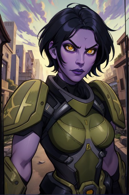 Galilea, yellow eyes, purple skin,  short hair, black hair, 
green armor,  pauldrons, 
solo, upper body, standing,  serious, 
battle station,  morning, 
(insanely detailed, beautiful detailed face, masterpiece, best quality)
 <lora:Galilea-10:0.7>
