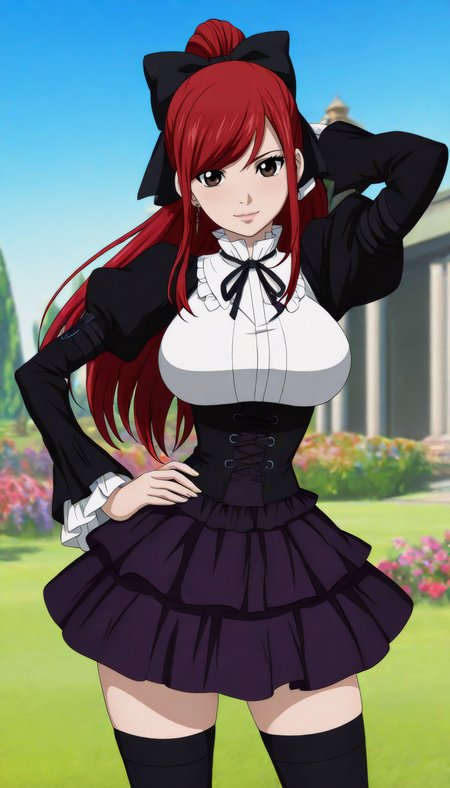 1girl, cowboy shot,
<lora:ErzaMFC_Illu_Dwnsty:0.8>, erz_mfc, brown eyes, red hair, ponytail, long hair, hair bow, black bow, ribbon, dress, juliet sleeves, frills, corset, black thighhighs, earrings, purple skirt, large breasts, lips, light smile, hand on own hip, head tilt, arm behind head, 
outdoors, garden, grass, flower, blue sky, nature, sunlight, 
looking at viewer, realistic skin, film grain, light and shadow contrast, high definition, amazing quality, very aesthetic, best quality, masterpiece, best quality, very aesthetic, highres, absurdres, sensitive,