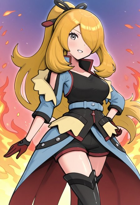 hinosaki, [[pokemoa, gonzarez]], 2d, masterpiece, best quality, amazing quality, 1girl, solo, close-up, standing, smile, upper body, cowboy shot, looking at viewer, simple background, colorful background, flames, auracynthia, def colors, grey eyes, blonde hair, very long hair, ponytail, black hair ribbon, hair over one eye, collarbone, blue jacket, shoulder cutout, red gloves, black shirt, blue belt, black shorts, showgirl skirt, blue skirt, red lining, thigh boots, high heels boots, black footwear