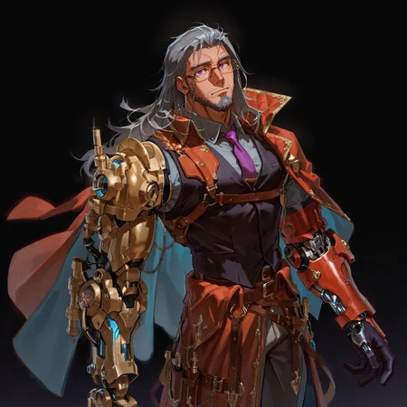 <lora:Reagan__Alchemist_Code-000003:.7>, tagatamereagan, 1boy, grey hair, long hair, purple eyes, glasses, eyewear strap, solo, male focus, manly, mature male, bara, muscle body, collared shirt, long sleeves, vest, tie, single mechanical arm, armor, gloves, arm guard cape, pants, boots,
cowboy shot, 
(very short hair, beard, bara, mature, facial hair, stubble, beard, full beard, sideburn, beard, a lot of beard, ), facial hair,male focus, muscular male, muscular male, bara, mature,  bara, mature, aixiwuganda_(20222192), very awa, masterpiece, best quality, absurdres, newest, perfect quality, detailed background, intricate details,
<lora:slider_Body Type_alpha1.0_rank4_noxattn_last:3><lora:Anime Summer Days 2 Style SDXL_LoRA_Pony Diffusion V6 XL:.6><lora:slider_cfg_scale_boost:.7><lora:Artist6p:.55>, Artist6p, Artist04p,<lora:slider_il_brightness_slider_d1:-1><lora:slider_il_contrast_slider_d1:-1><lora:slider_DarkSlider1.2_alpha1.0_rank16_full_300steps:-.6>