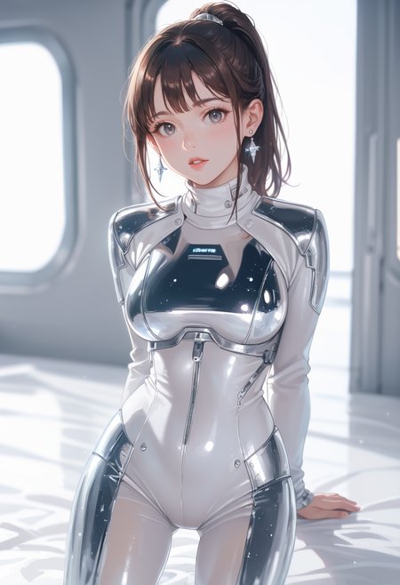 score_9, score_8_up, score_7_up, masterpiece, best quality, perfect anatomy, very aesthetic, ((outlined outlined vector graphics)),no norm, front view ,  looking at viewer 
, cute face, (glow eyes:0.8), looking at viewer, glittering, glimmering, grey theme,
1girl,20yo, brown hair, gray eyes, (large breast:1), (ponytail:1.1), medium hair,(curvy:1.1),bangs, 
jewelry, earrings, parted lips,, long sleeve, science fiction , arms behind back ,(clothed:1.4) ,silver suit, (silver clothes:1.2),  body suit, metallic mercury suit, silver mercury suit, skirt <lora:mecury-metallic-suit-01:0.8>, see-through, transparent ,   all fours ,  leaning back ,  ,