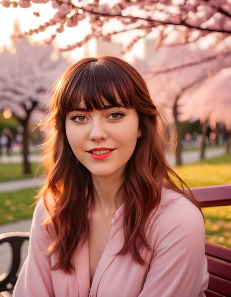In a bustling urban park under the soft glow of setting sun, M4RY3W, a vibrant woman with bangs cascading over her expressive brown eyes, stands alone. Her long hair flows gently in the breeze, framing her captivating smile and striking red lips that seem to radiate warmth as she looks directly at the viewer from her seated position on an old wooden bench, surrounded by a lively backdrop of cherry blossom trees blooming in a riot of pink petals, casting a delicate pinkish hue over her and the scene.