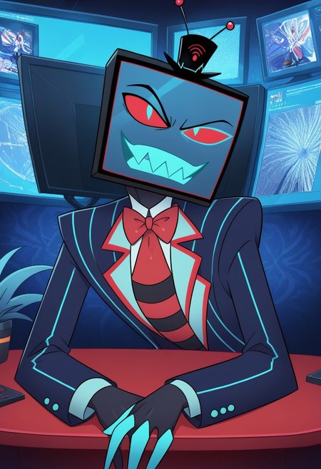 score_9, score_8_up, score_7_up,
masterpiece, best quality, detailed, amazing quality,
detailed background, office,
detailed eyes, clean eyes,
dynamic pose, sitting on desk, static screens,
1man,
Vox, TV head, television head, rectangular Head Cyan screen, cyan screen, red sclera, blue pupils, blue teeth, tophat, TV antennas, red and black striped shirt, dark blue coat, red tie, black skin,
easynegative
