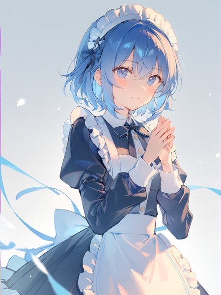 1girl, 
solo, blue eyes, black ribbon, frilled apron, ribbon, apron, white apron, simple background, black dress, hairband, white hairband, closed mouth, frills, smile, short hair, frilled hairband, sidelocks, dress, maid, blush, own hands together, blue hair, neck ribbon, hair between eyes, white background, maid apron, looking at viewer, upper body, long sleeves, maid headdress, collared dress, hands up, 
masterpiece, best quality,  safe
 <lora:mki-ani31-blackmeow-v1-000120:1>